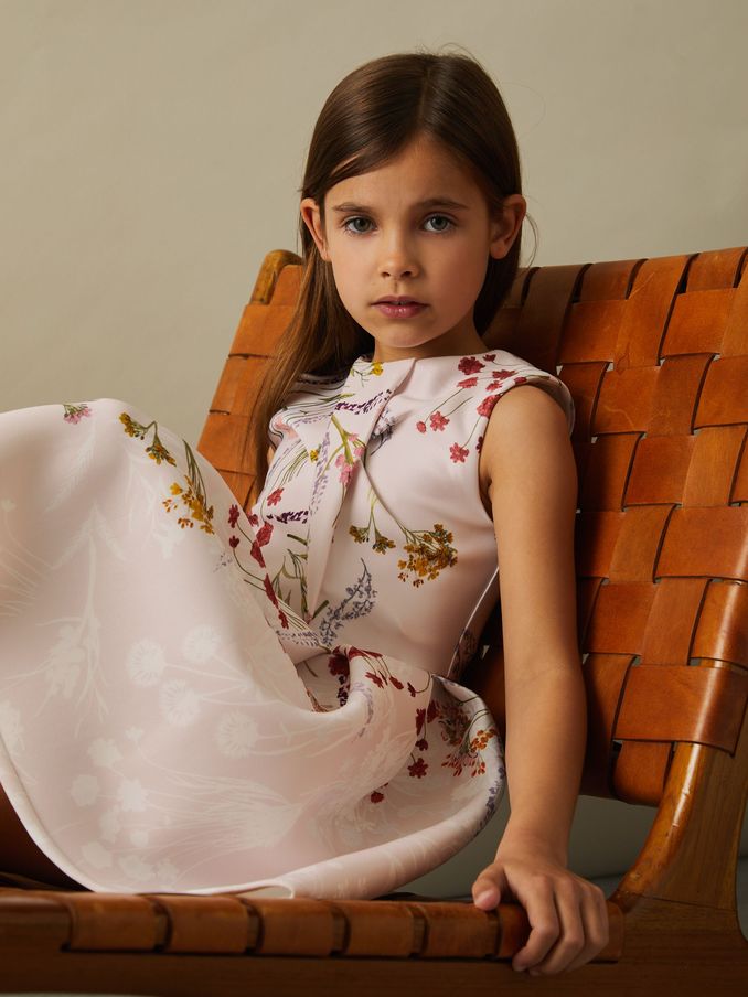 9-13 yrs Floral Print Scuba Pleated Dress in Pink Print (E86176) | US$63