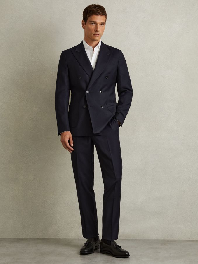 Double Breasted Suit Jacket in Wool-Blend in Navy (E86179) | US$217