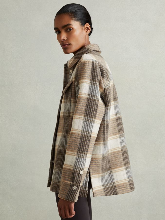 Phoebe Neutral Wool Blend Checked Shacket (E86184) | €101