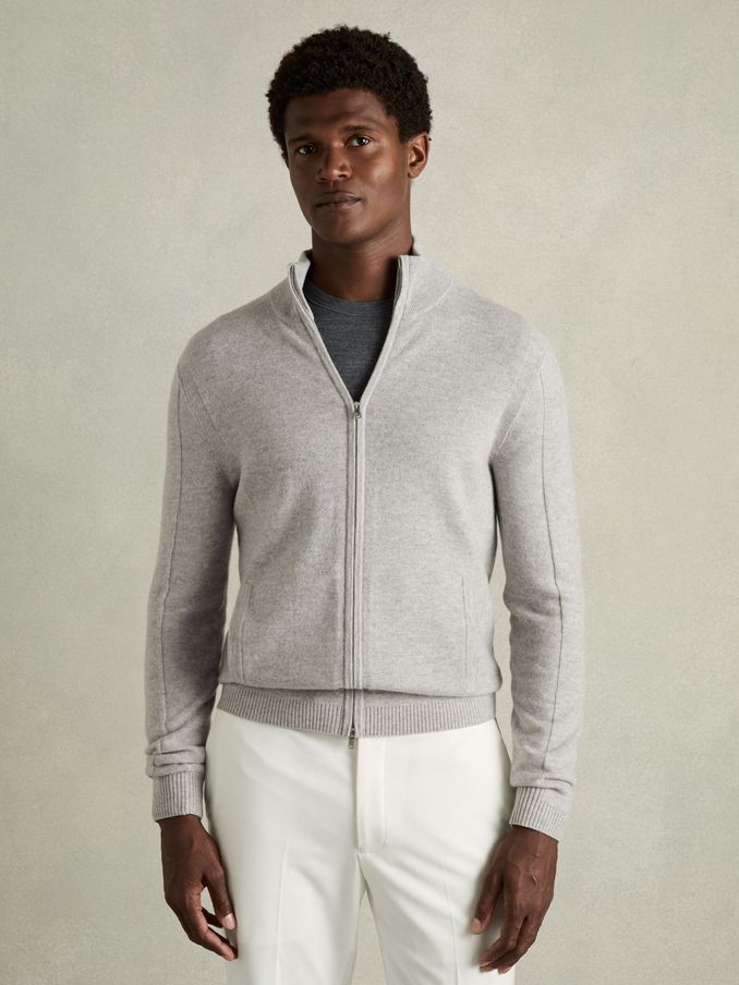 Wool-Cashmere Zip-Through Funnel-Neck Cardigan in Soft Grey Melange (E86189) | US$143