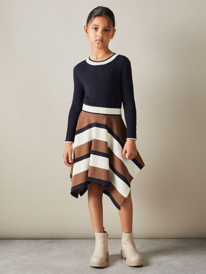 4-9 yrs Knitted Colourblock Asymmetric Dress in Navy (E86192) | €69