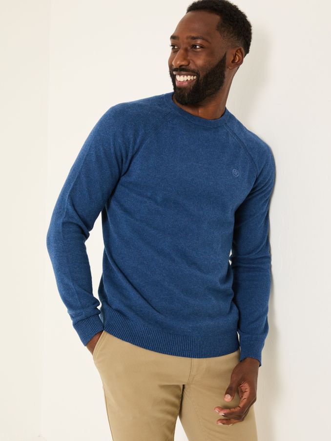 Blue Denim Rye Fine Gauge Knitted Crew Neck Jumper (E86480) | $70