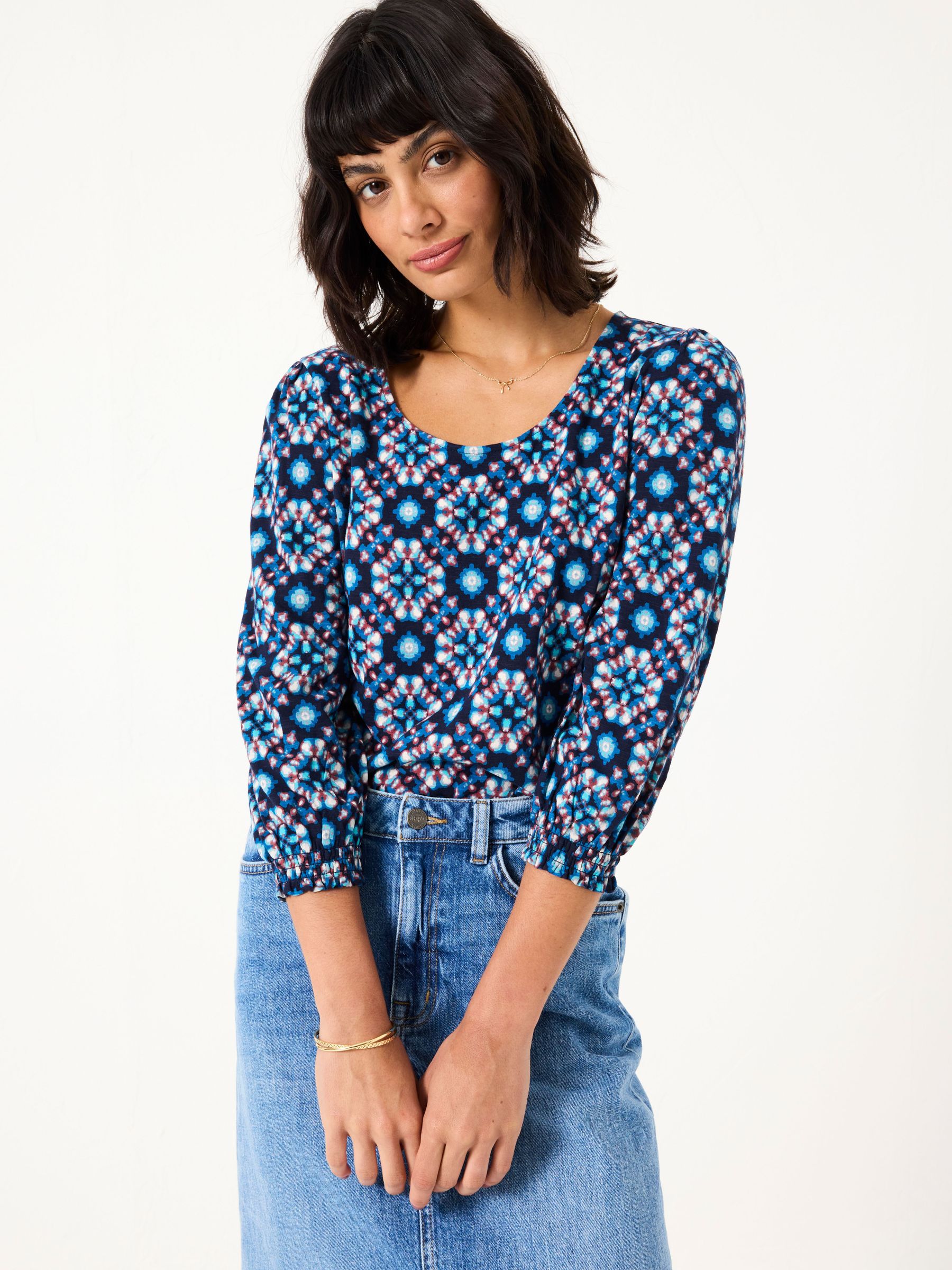 Polly Indigo Blue Batik Geo Top (E86591) | $54