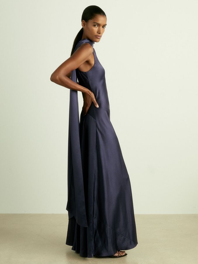 Satin Cape Dress in Indigo (E86655) | €324