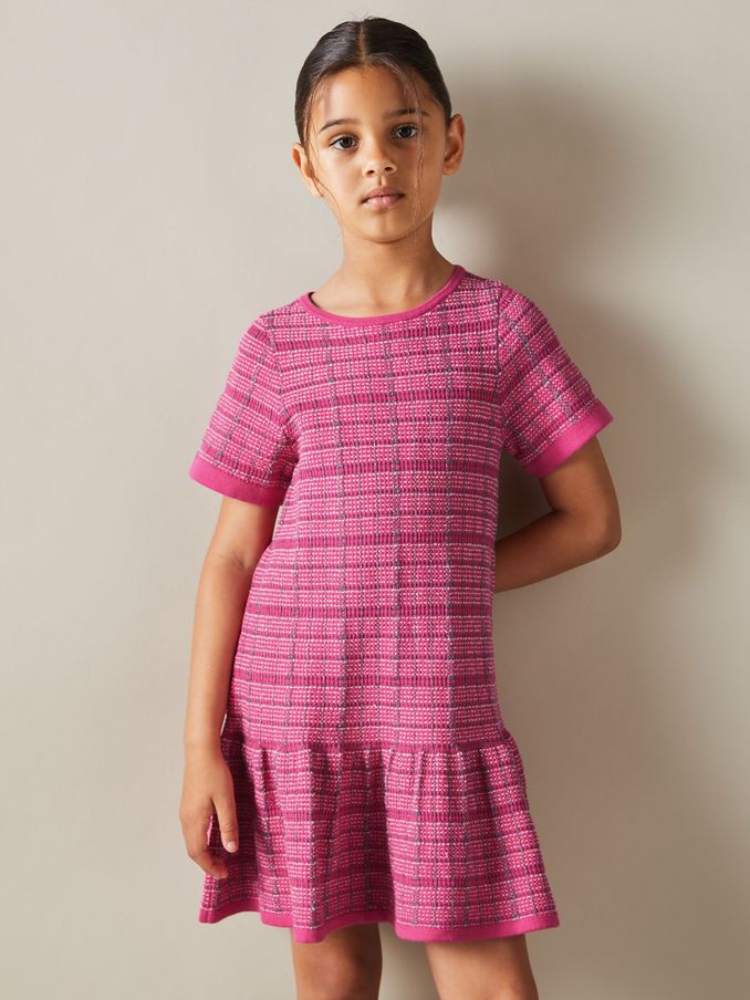 9-13 yrs Cotton Blend Checked Smocked Dress in Pink (E86658) | US$50