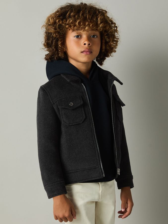 Wool-Blend Melton Trucker Jacket in Dark Indigo Melange (E87452) | $56