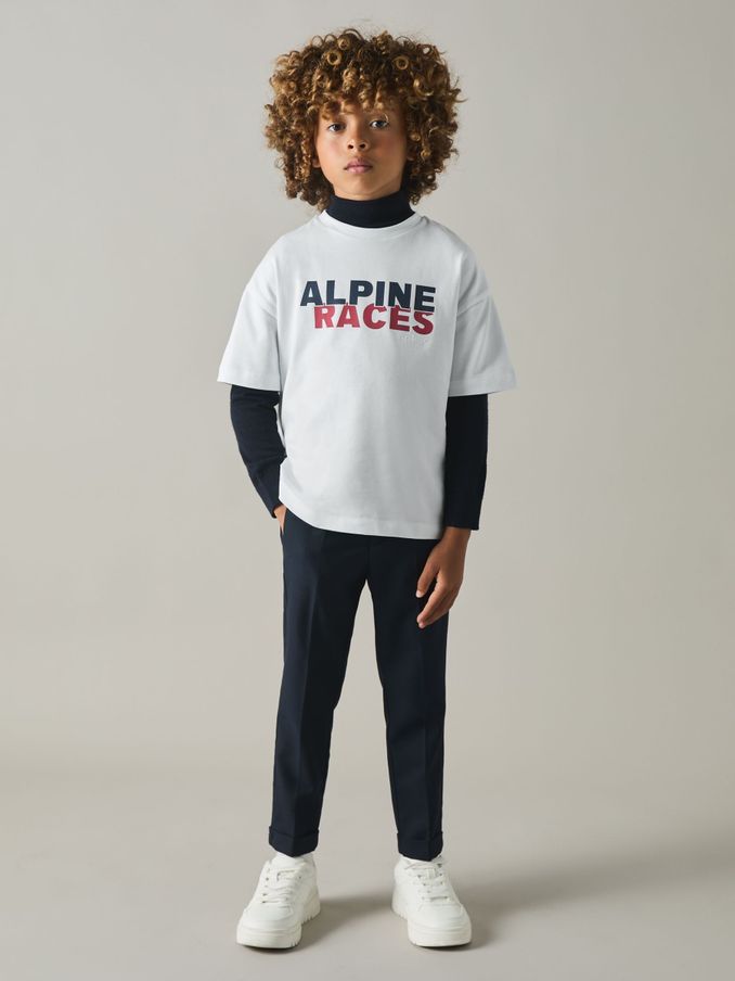 100% Cotton Jersey Alpine Races Print T-Shirt in White/Red/Navy (E87466) | $13