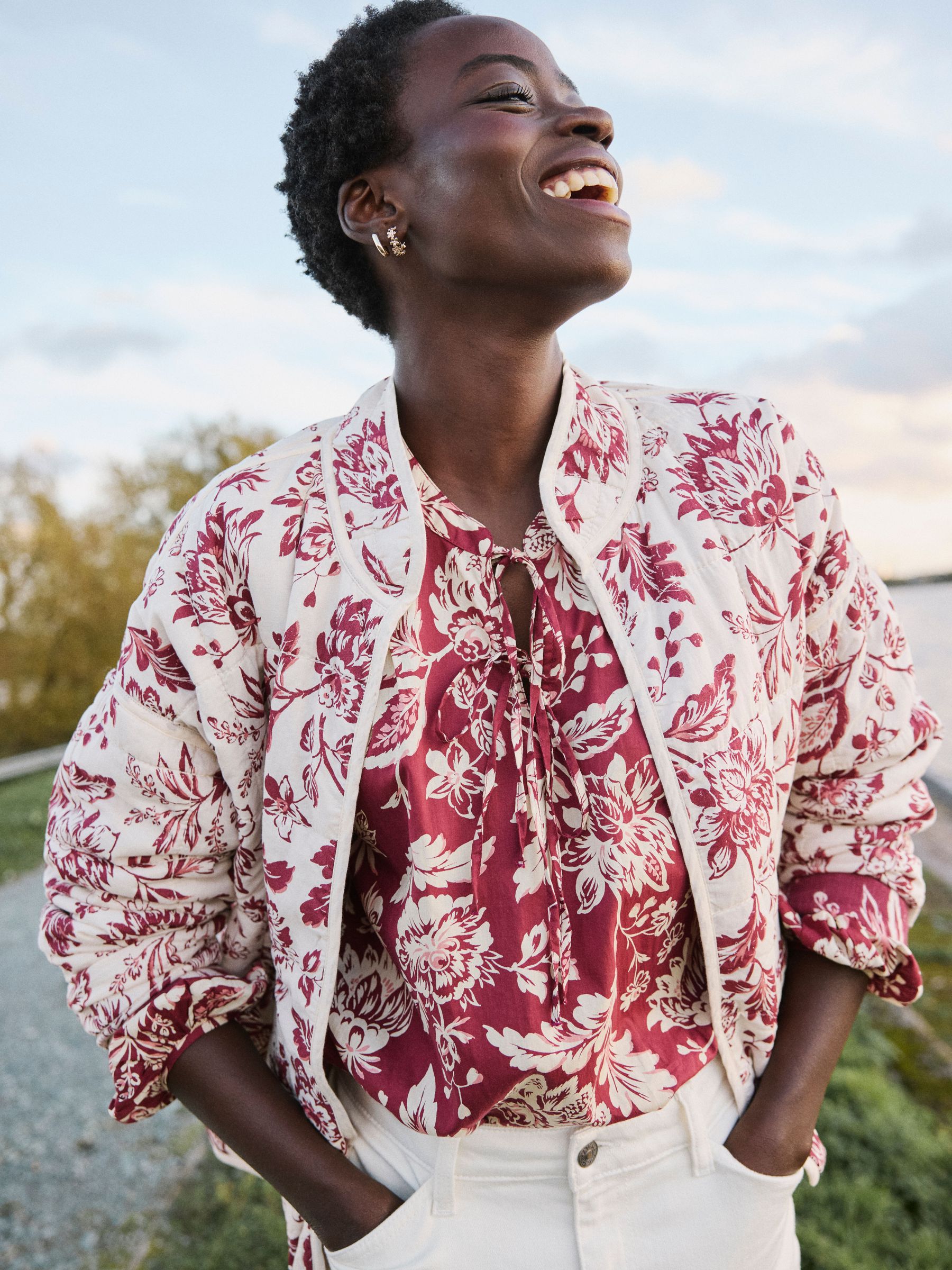 Evie Burgundy Floral Reversible Quilted Jacket (E87897) | $106