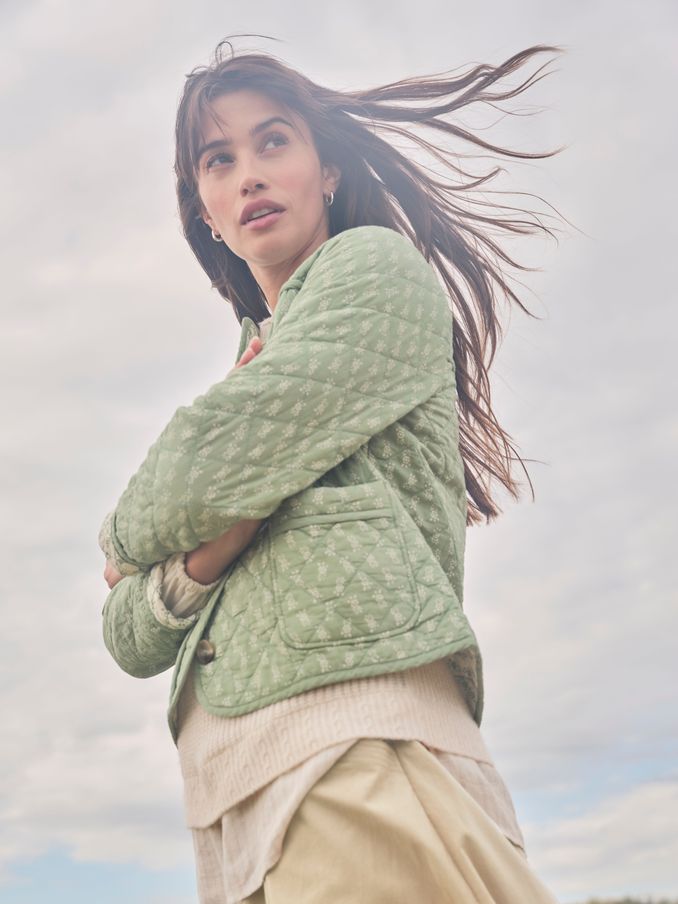 Mia Light Green Woodblock Quilted Jacket (E87903) | $106