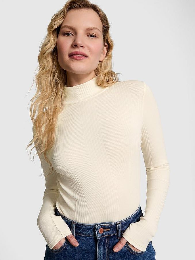 White Shell Ribbed Mock Neck Long Sleeve T-Shirt (E89921) | €40