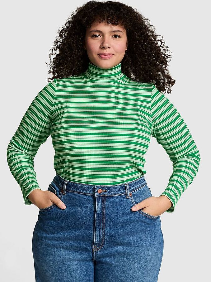 Verdant Green Stripe Ribbed Mock Neck Long Sleeve T-Shirt (E89931) | €19