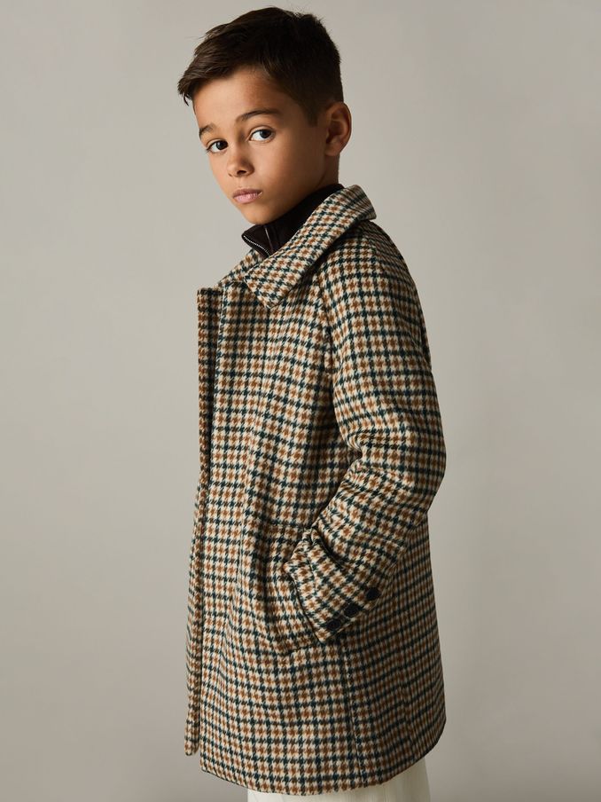 Wool-Blend Shephard’s-Check Coat in Brown Multi (E89944) | US$57