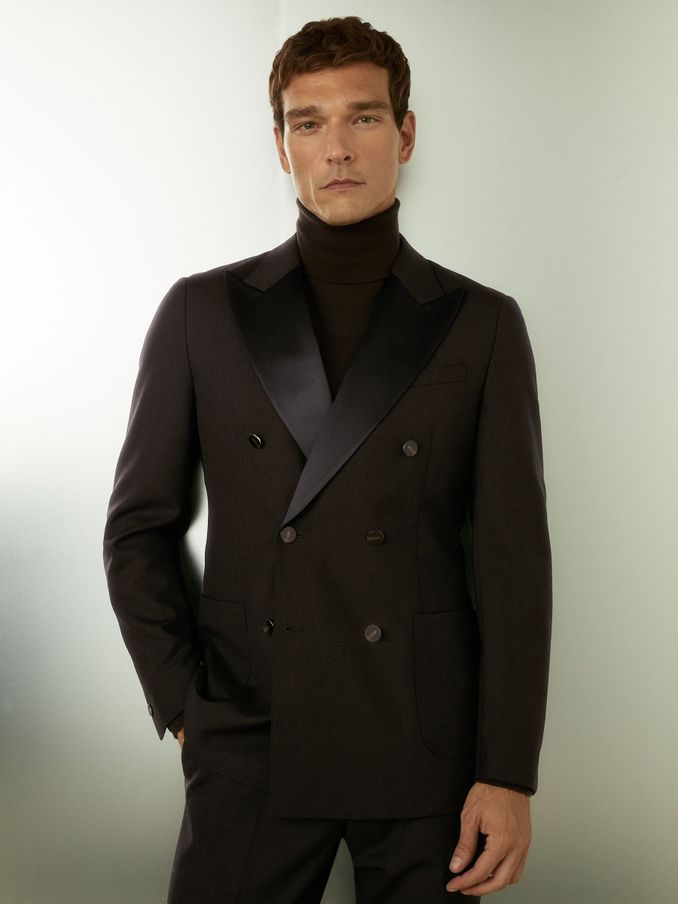 Double-Breasted Tuxedo Jacket in Wool in Brown (E91963) | US$217