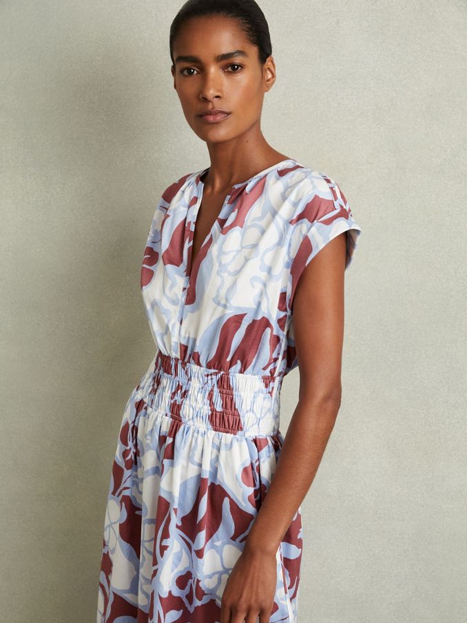 100% Cotton Poplin Floral-Print Midi Dress in Blue (E92538) | $96
