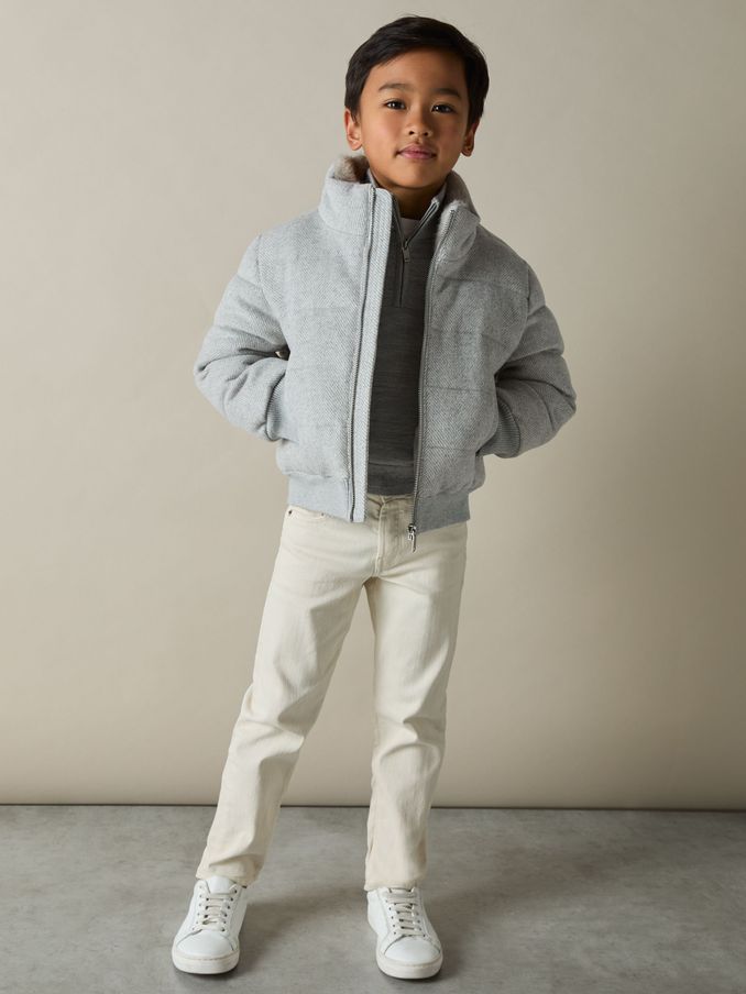 Herringbone Faux-Fur Collar Puffer Jacket in Soft Grey Melange (E92541) | $48