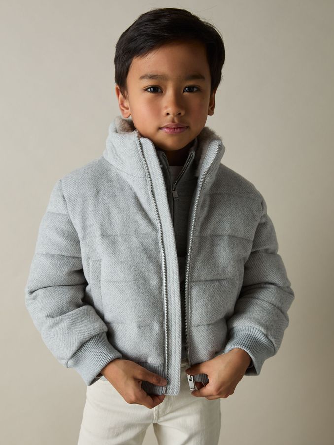 Herringbone Faux-Fur Collar Puffer Jacket in Soft Grey Melange (E92545) | €37