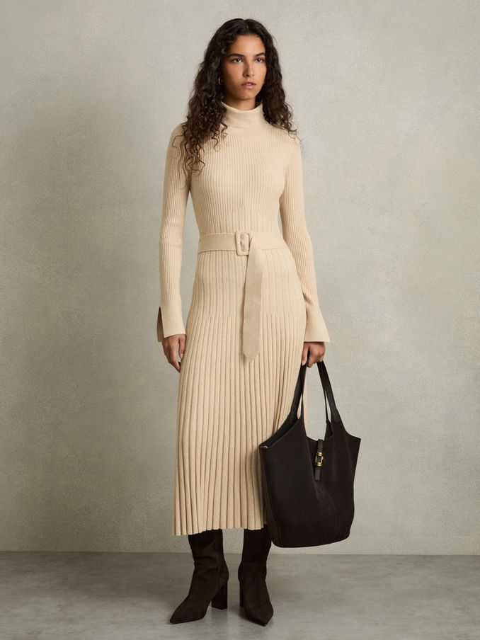 Ribbed Roll Neck Belted Midi Dress in Neutral (E92546) | $380