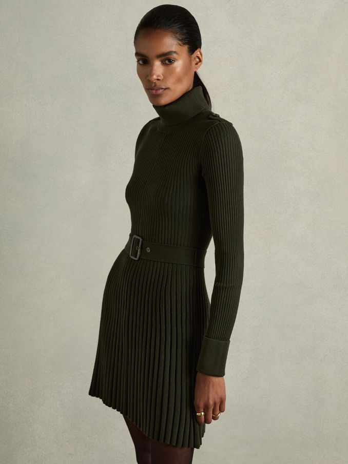 Roll-Neck Ribbed Mini Dress in Khaki (E92552) | AED568