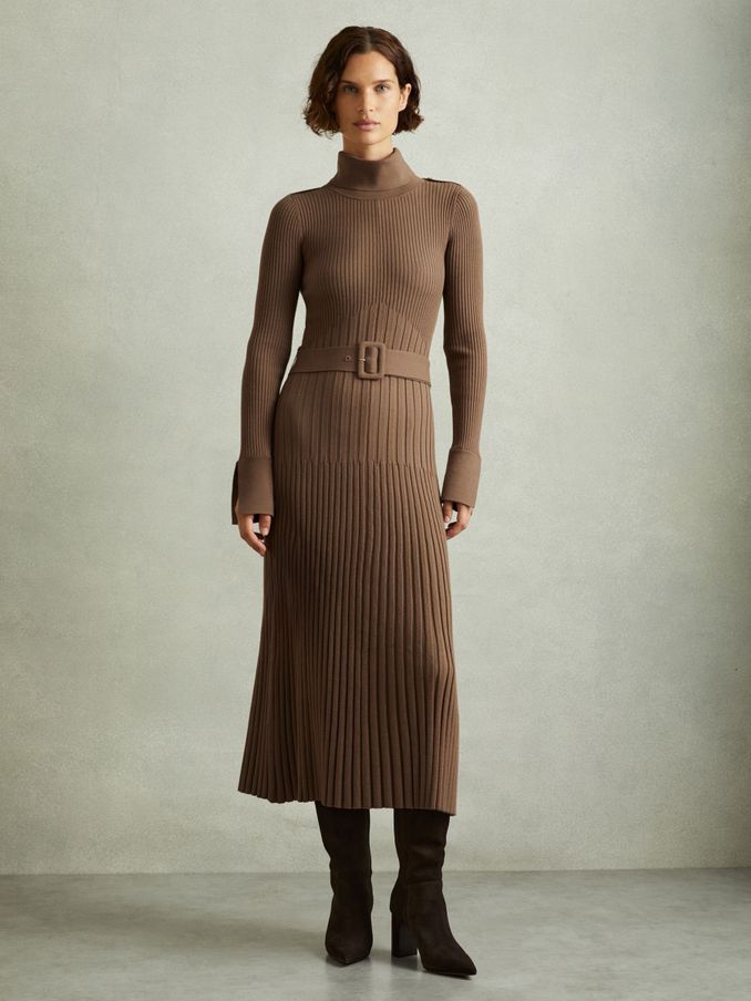 Ribbed Roll Neck Belted Midi Dress in Mocha (E92557) | US$217