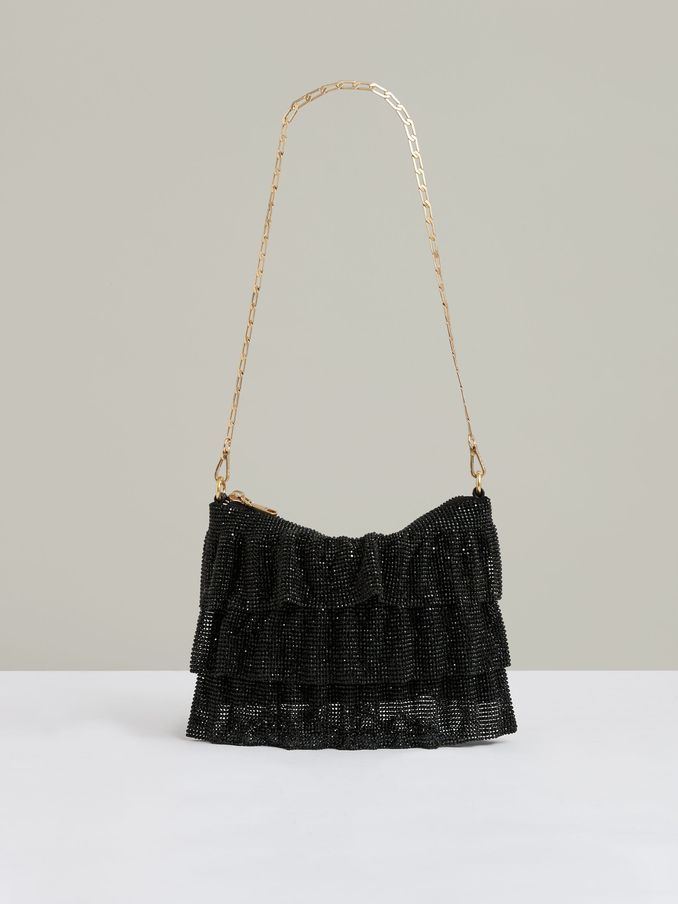 Mehrlagige Kristallverzierte Schultertasche in Schwarz (E92566) | 97 €