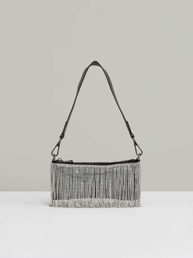 Satin Crystal Fringe Mini Shoulder Bag in Silver (E92574) | US$47