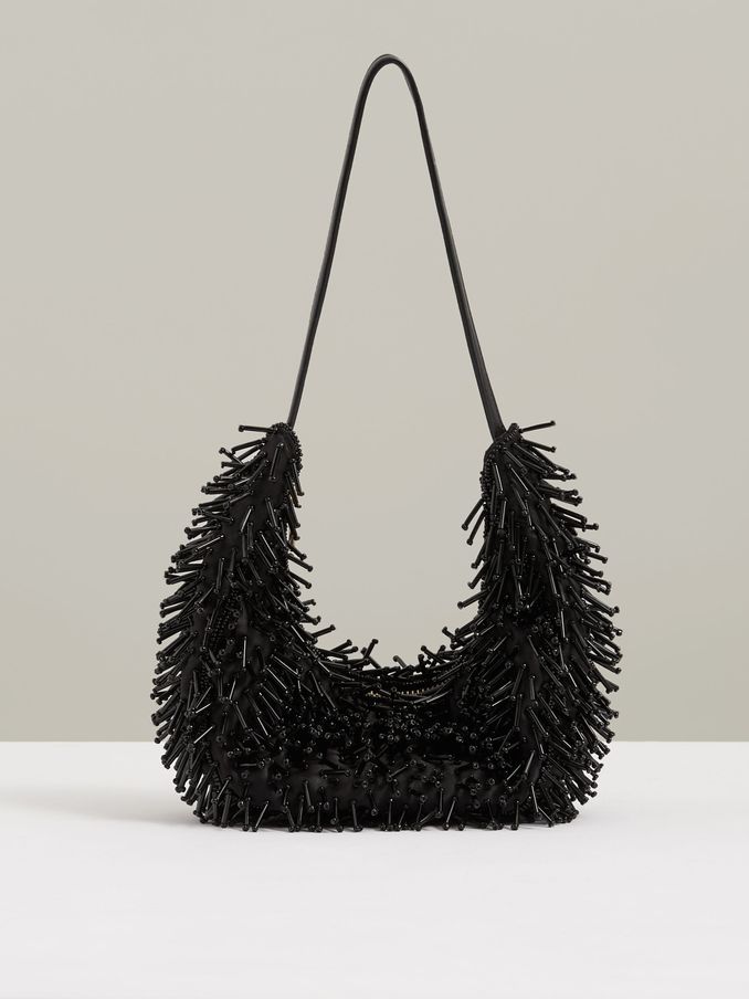 Beaded Crescent Shoulder Bag in Black (E92581) | US$95