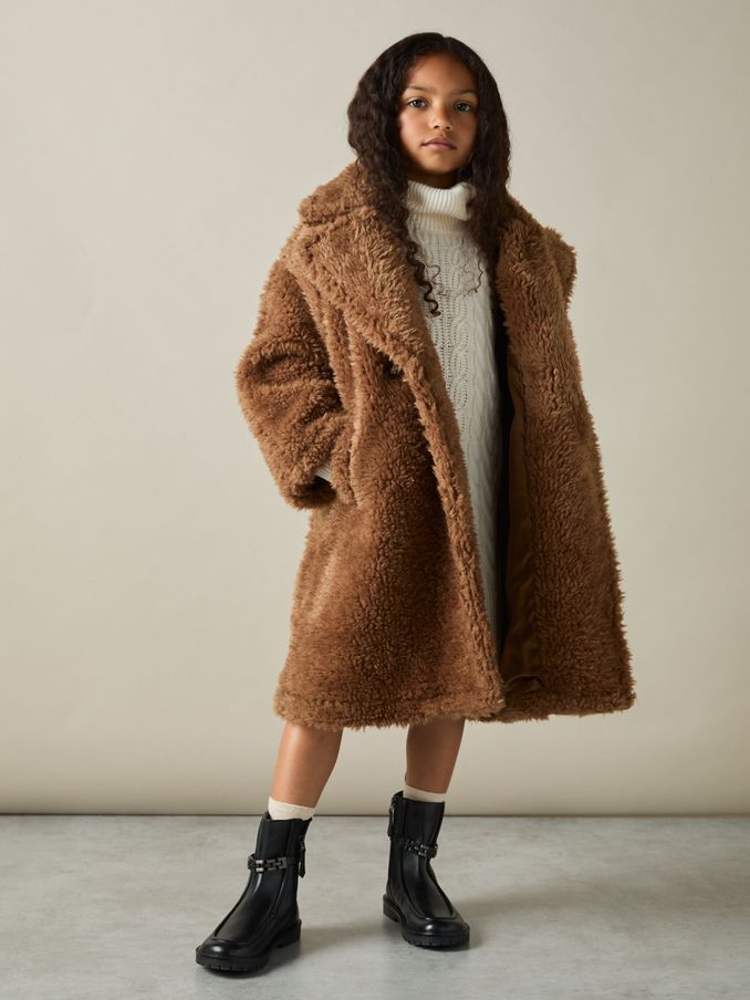 9-13 yrs Longline Teddy Coat with Wool in Brown (E92586) | €230