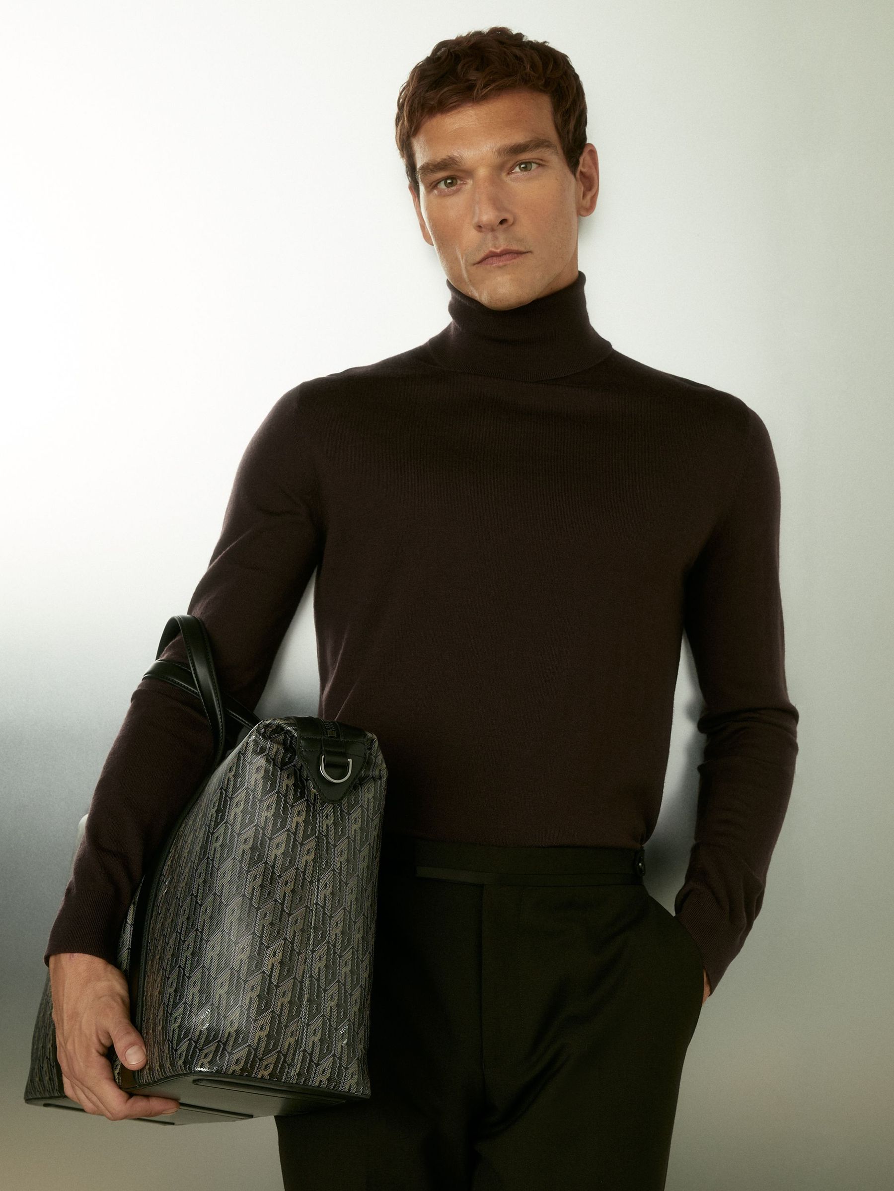 Slim Fit Merino Wool Roll Neck Jumper in Dark Bordeaux (E93676) | US$160