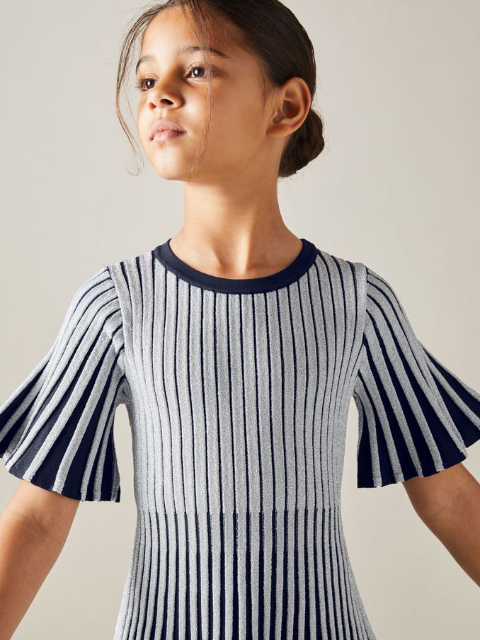 9-13 yrs Metallic Contrast Ribbed Dress in Silver (E93677) | US$48