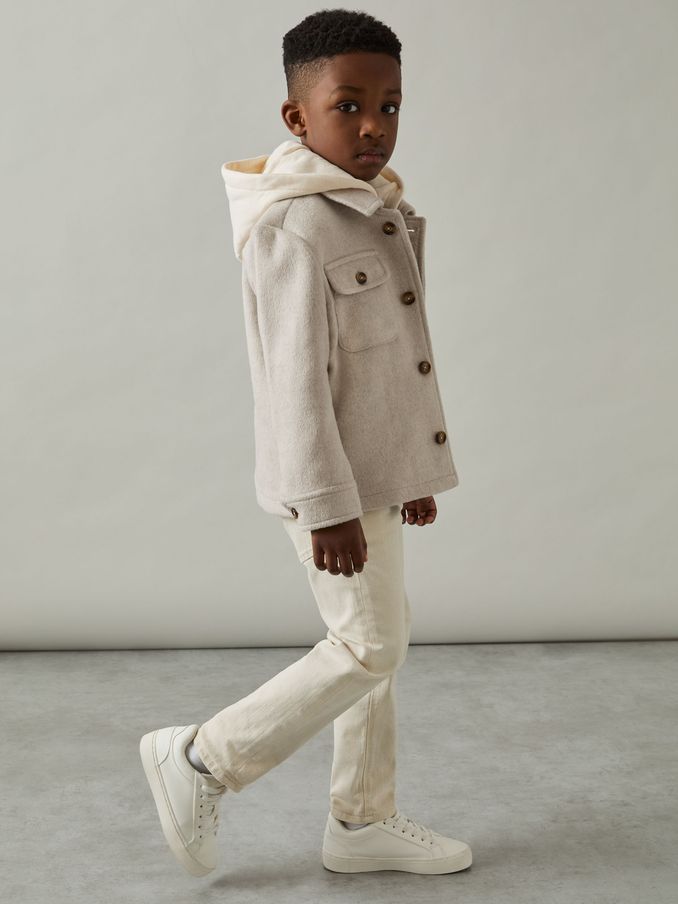 9-13 jaar kiezelkleurig overshirt van geborstelde keperstof met verwijderbare capuchon (E93683) | € 58