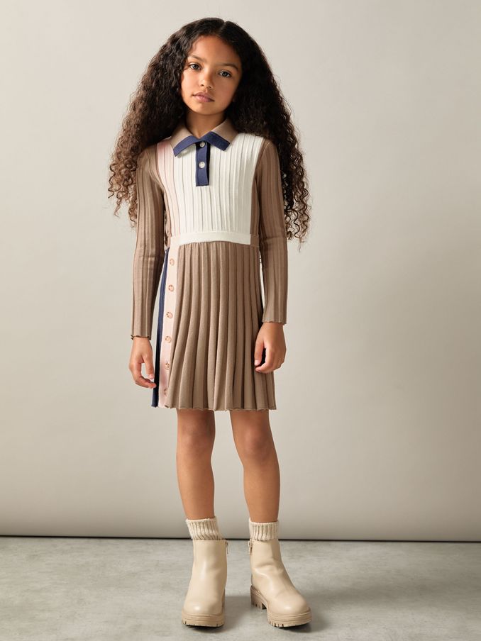 4-9 yrs Ribbed Colourblock Funnel Neck Dress in Camel (E93686) | US$56