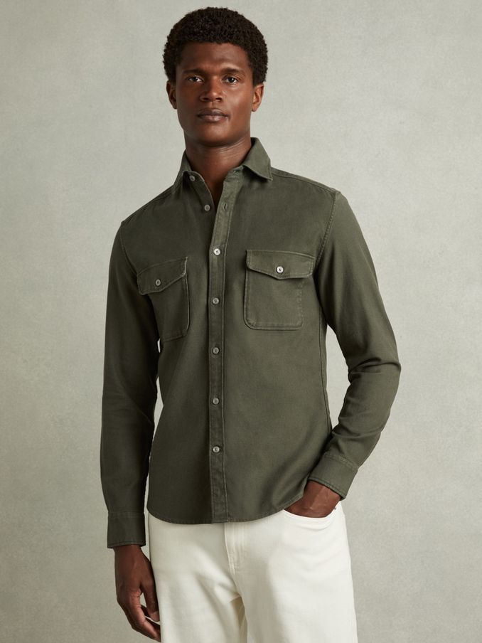 Cotton Blend Canvas Overshirt in Khaki Green (E93696) | €127