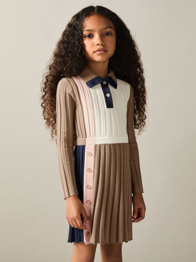 9-13 yrs Ribbed Colourblock Funnel Neck Dress in Camel (E93698) | US$64