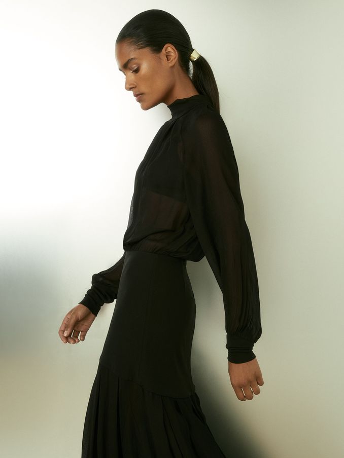 Sheer Jersey Gathered Maxi Dress in Black (E93701) | 557 SAR