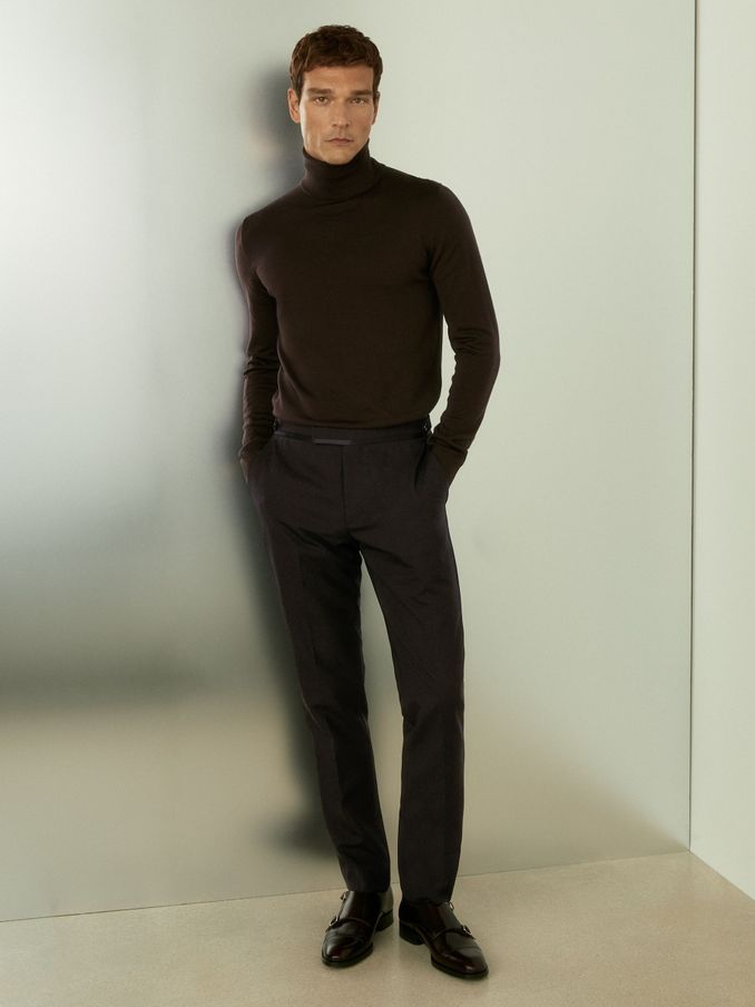 Wool Tuxedo Trousers Slim Fit in Brown (E93724) | CHF 97