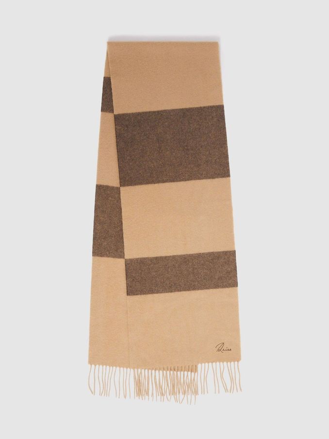 Wool and Cashmere Striped Scarf in Camel/Brown (E94416) | US$61