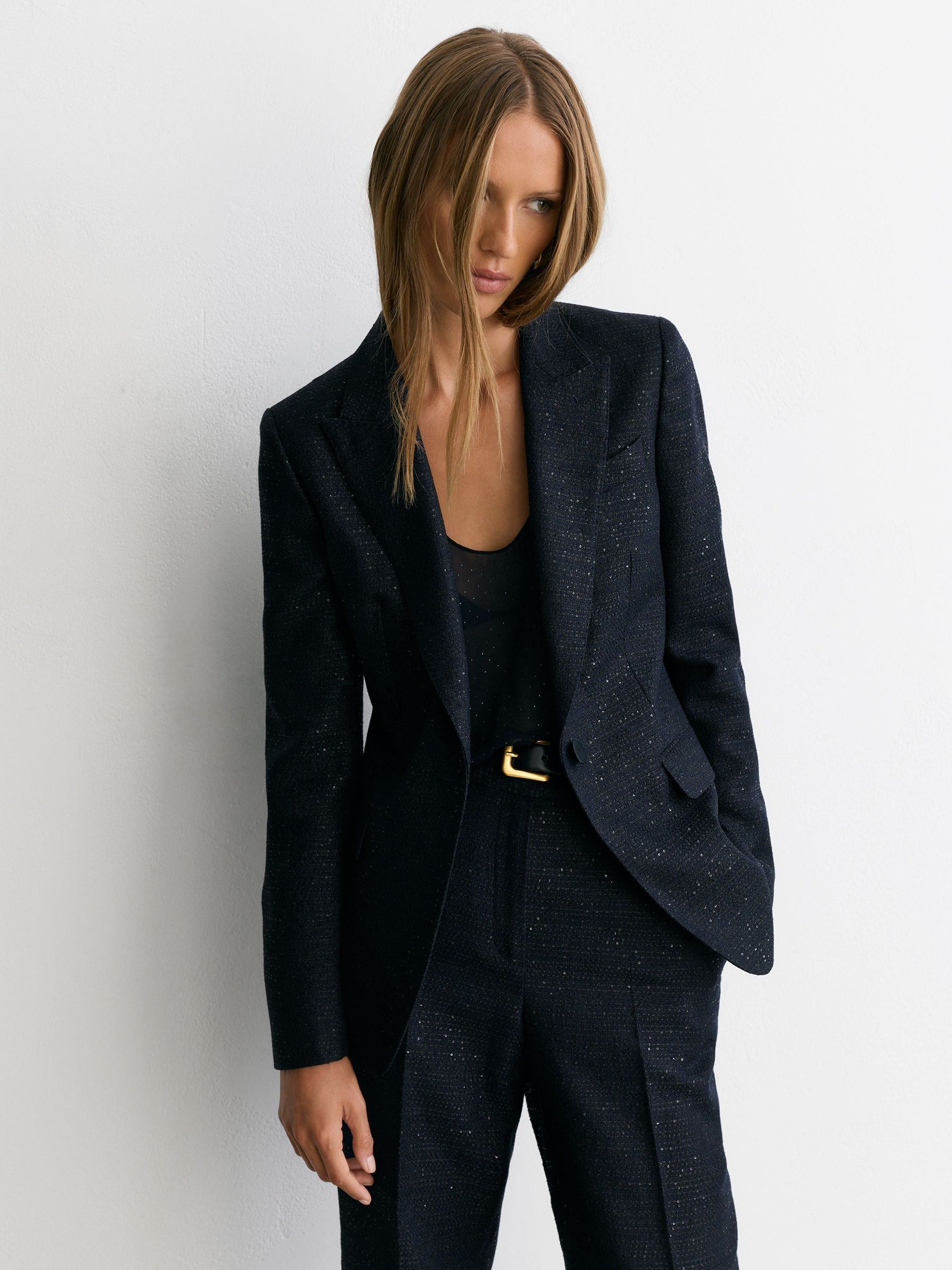 Navy - Sequin-detail Single-breasted Woven Blazer