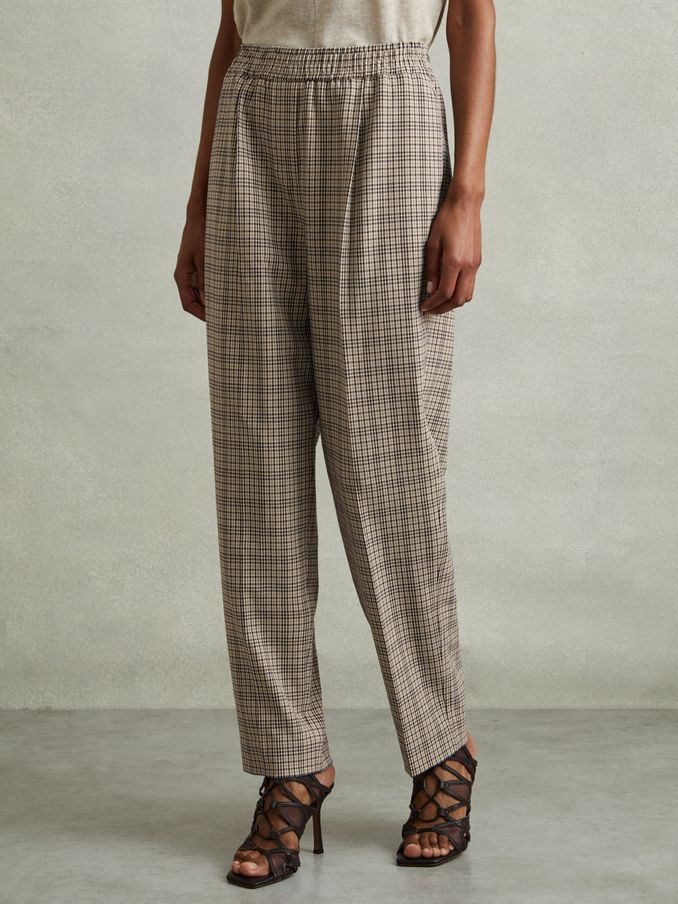 Karina Neutral Check Elasticated Waist Tapered Trousers (E95829) | US$66
