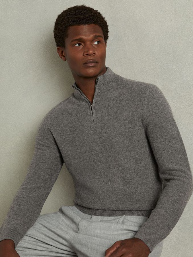 Wool Zip-Neck Jumper in Mid Grey Melange (E96673) | US$111