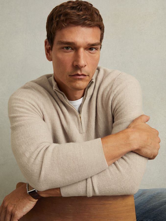 Wool Zip-Neck Jumper in Oatmeal (E96674) | €98