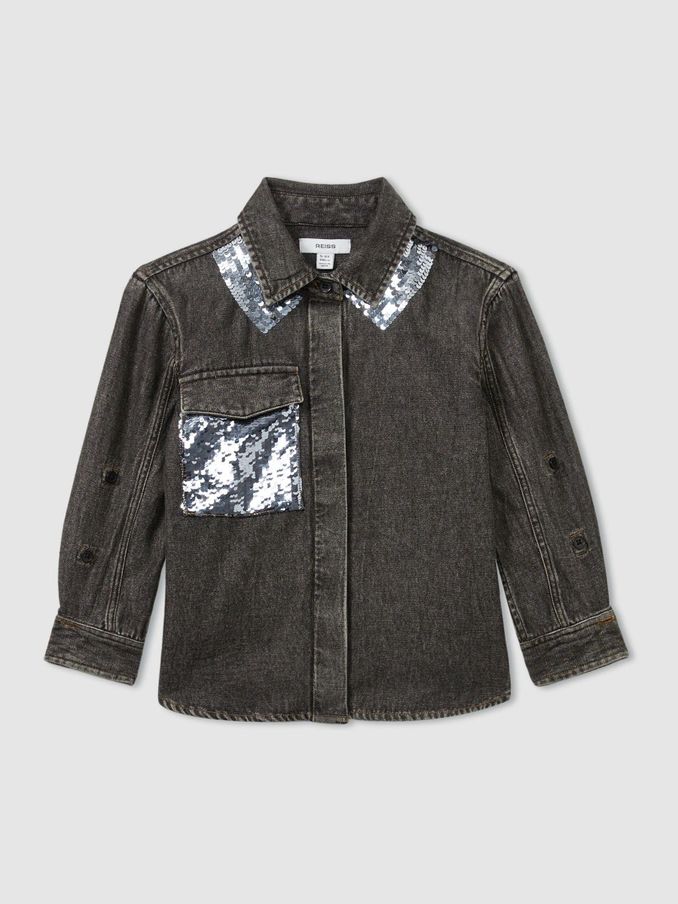 13-14 yrs Cotton-Chambray Sequinned Shirt in Grey (E97887) | €21