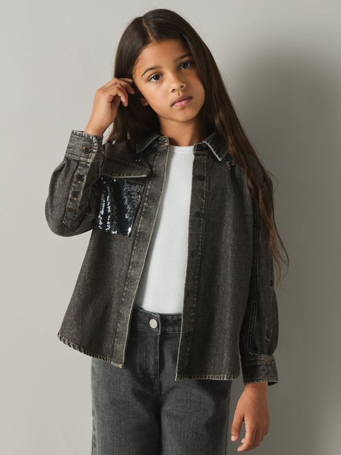 9-13 yrs Cotton-Chambray Sequinned Shirt in Grey (E97897) | €21