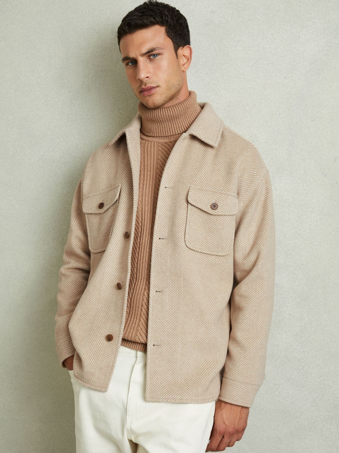 Wool Blend Herringbone Twill Overshirt in Oatmeal (E98347) | HK$1,137