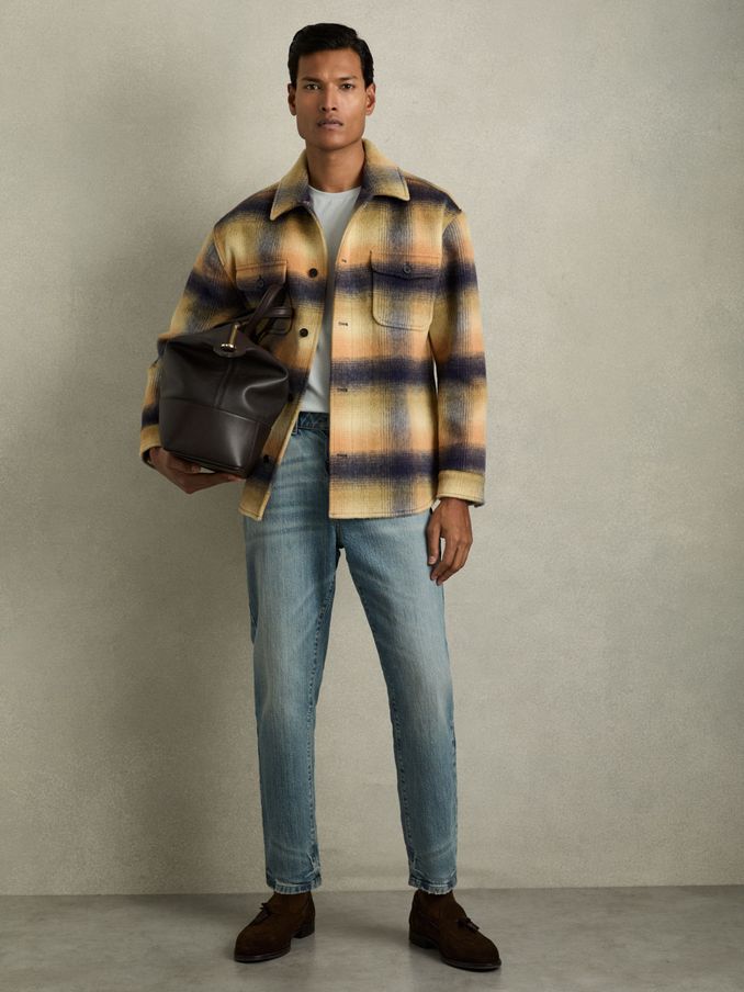 Brushed Wool-Blend Check Overshirt in Amber Orange (E98354) | €285