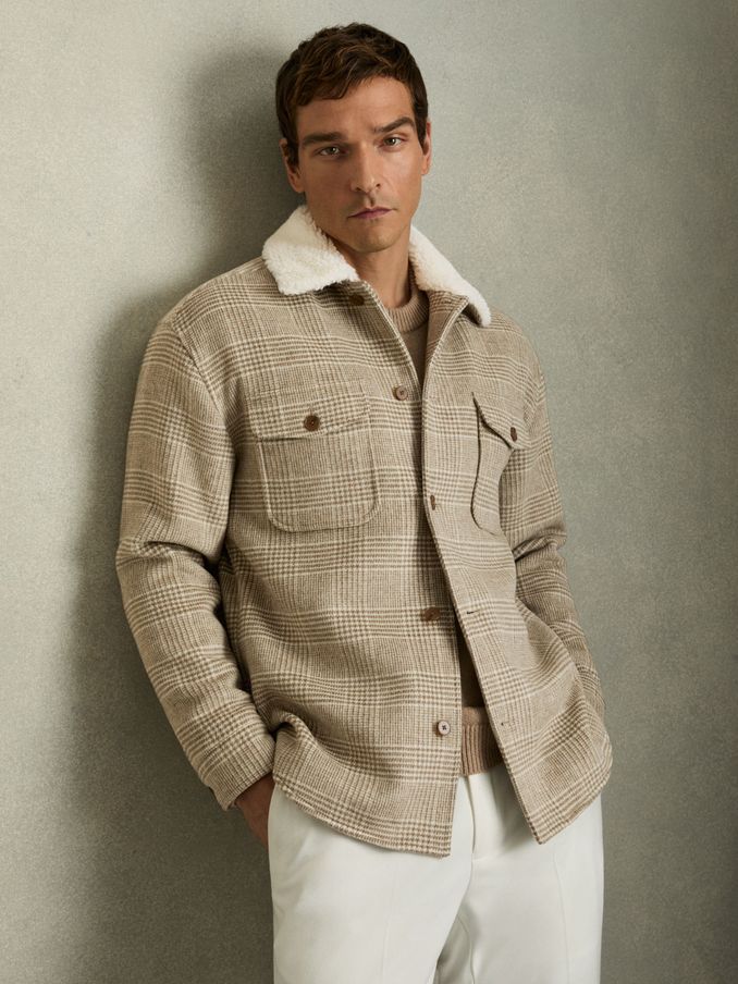 Wool-Blend Borg-Collar Check Overshirt in Oatmeal (E98362) | HK$1,266
