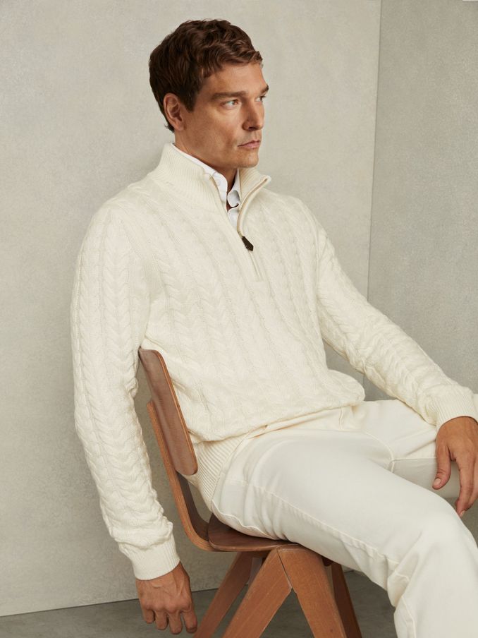 Cabled Zip-Neck Jumper with Cotton and Wool in White (E98366) | US$126