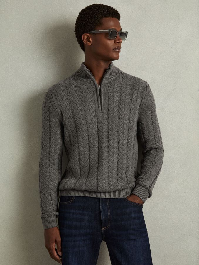 Cabled Zip-Neck Jumper with Cotton and Wool in Mid Grey Melange (E98377) | US$144