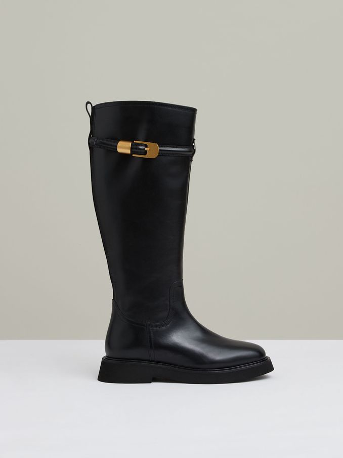 Leather Buckled Knee-High Boots in Black (E99552) | US$199