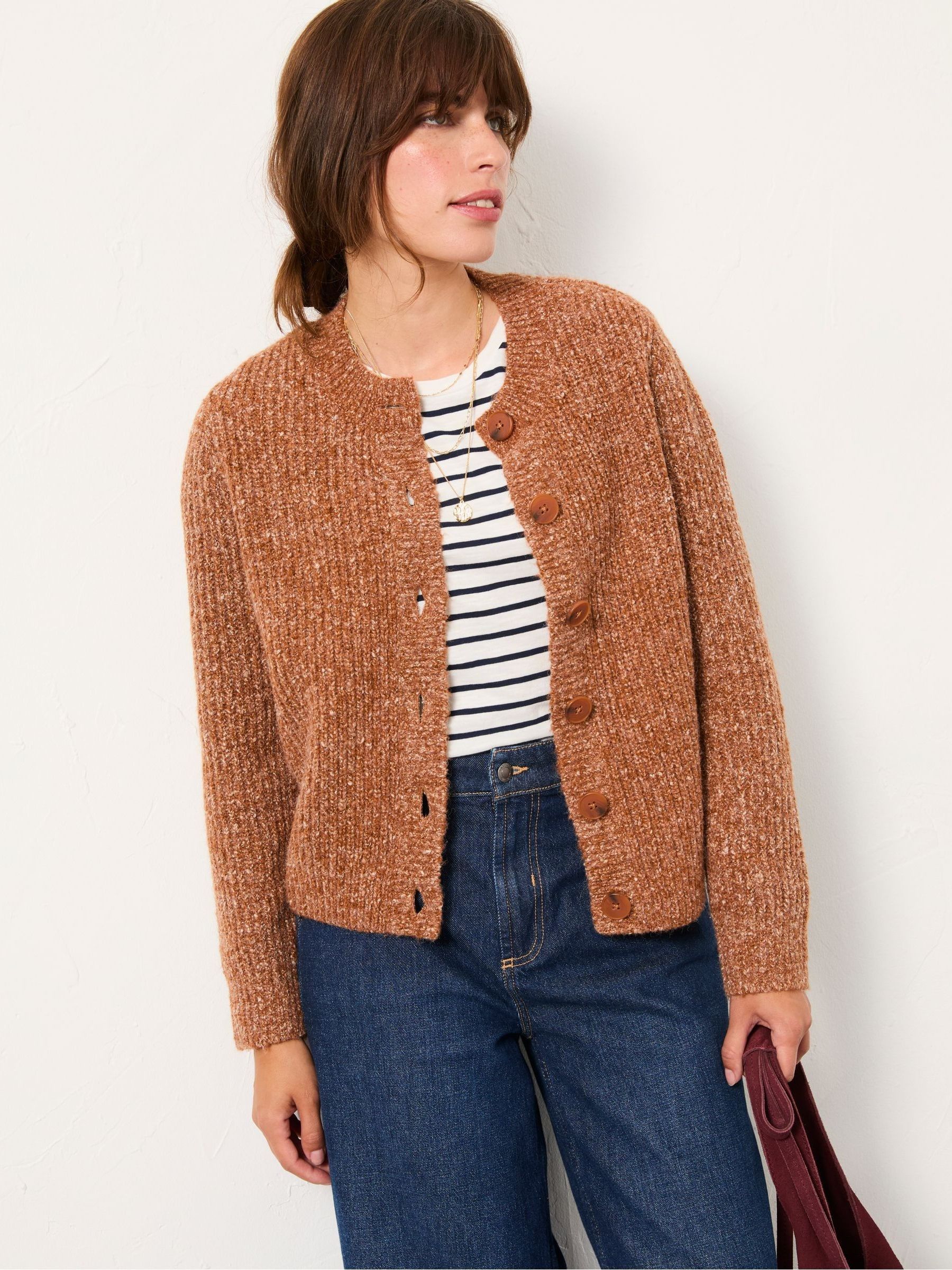 Faye Tan Brown Ribbed Crew Neck Knitted Cardigan (F00523) | €73.50