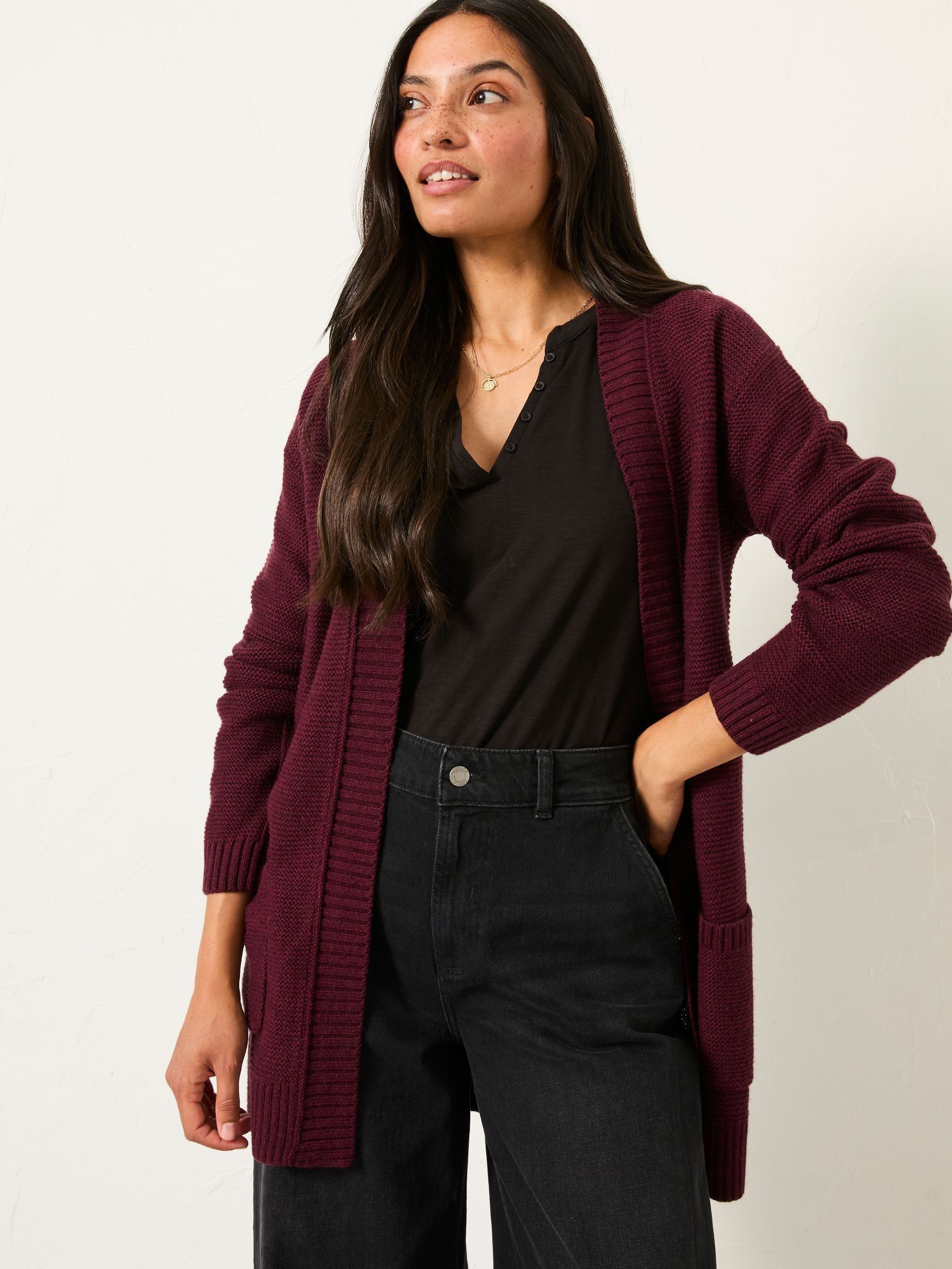 Harriet Burgundy Red Longline Knitted Cardigan (F00524) | $93